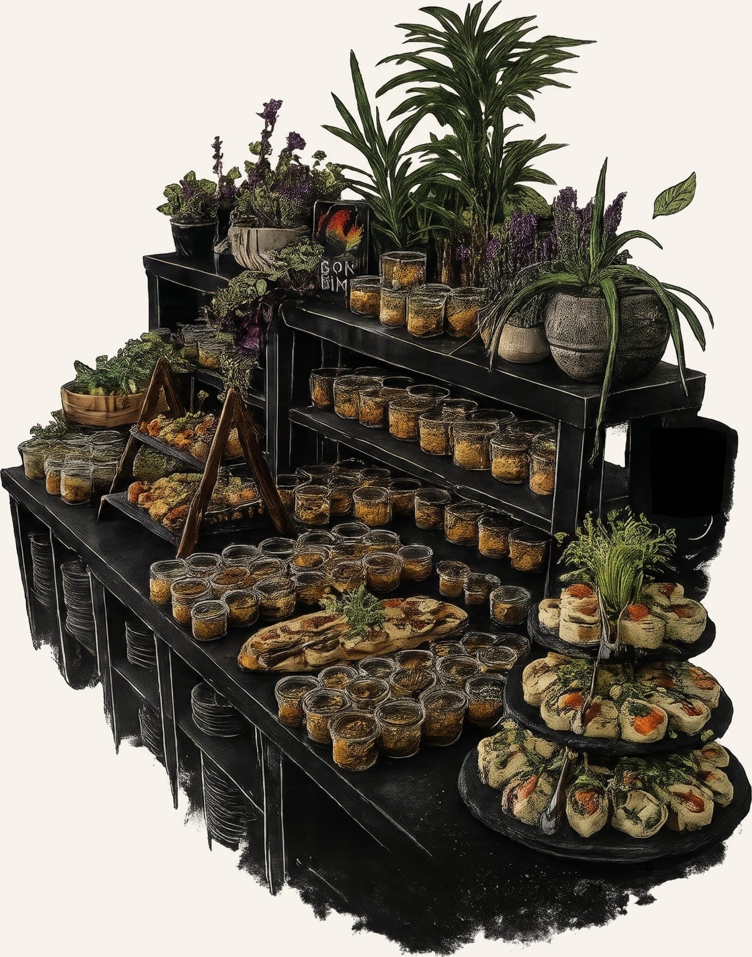 Illustration: charlyfresh Lunchbuffet mit Wraps, Snack-Gläsern und frischen Kräutern