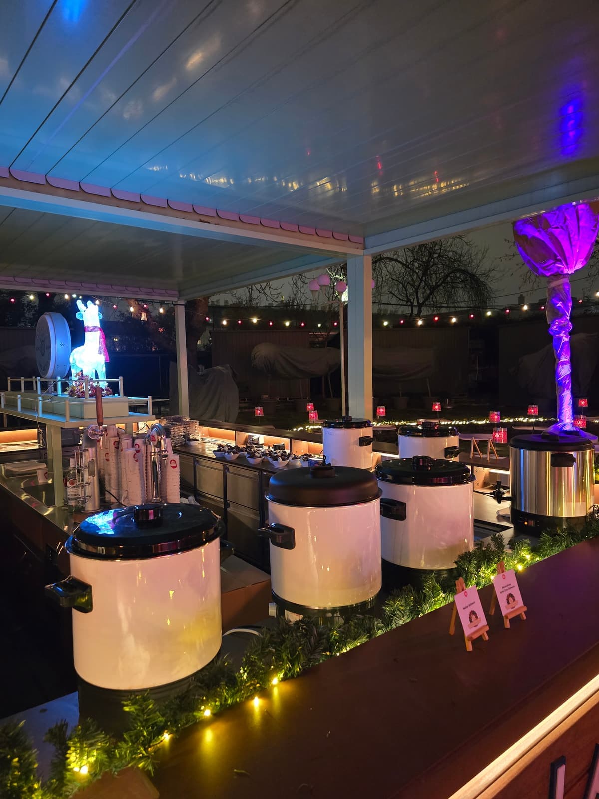 Abendliches Outdoor-Event mit beleuchteter Bar und Lichterketten